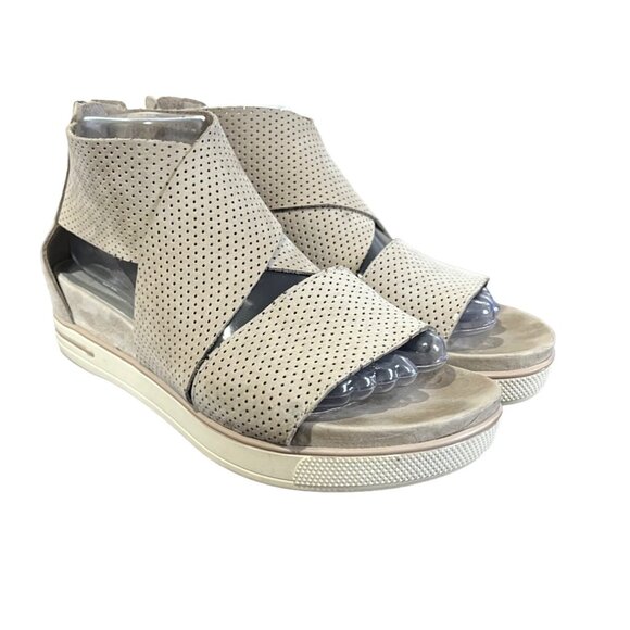Eileen Fisher Women's 8.5 Sandals Wedge Open Toe Perforated Beige Zip Closure - Picture 2 of 8